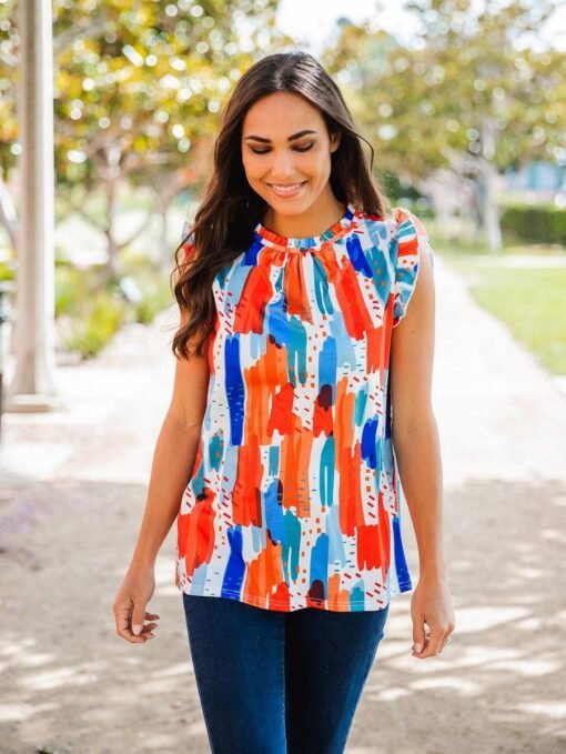 Abstract Print Flutter Sleeve Top – Image 3