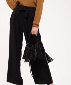 Belted Woven Paperbag Pants | Black Wide Leg Pants