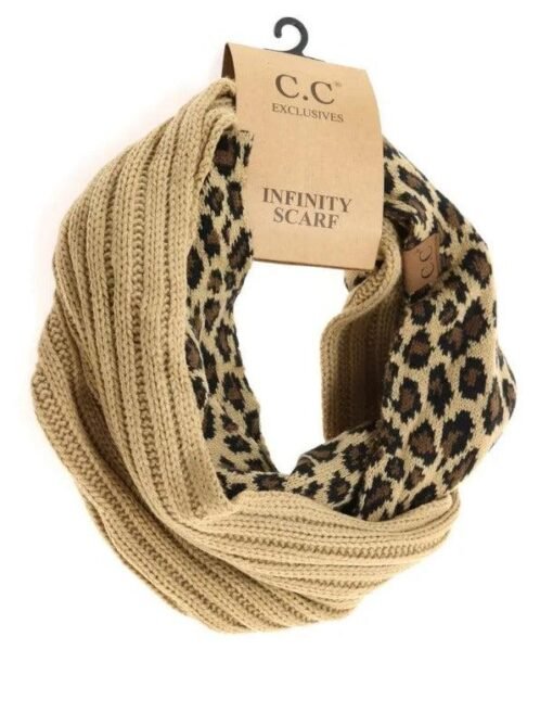 CC Beanie Ribbed Knit 2-Tone Leopard Print Infinity Scarf Scarves – Image 4