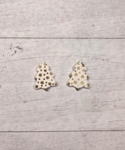Christmas Tree Dotted Handmade Clay Earrings | Cream/Gold