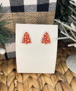 Christmas Tree Dotted Handmade Clay Earrings | Red/Gold