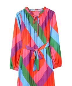 Color Block Pleated Long Sleeve Dress