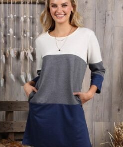 3/4 Sleeve French Terry Color Block Pocket Dress