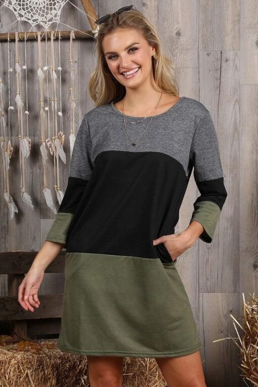 3/4 Sleeve French Terry Color Block Pocket Dress – Image 5