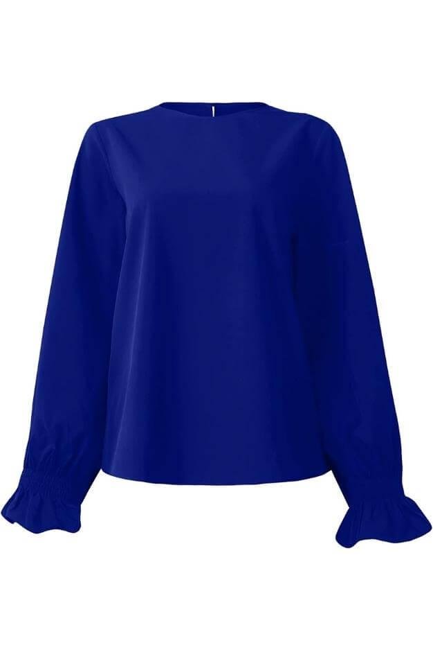 Blue Round Neck Ruffle Bubble Sleeve | Gameday Tops – Image 3