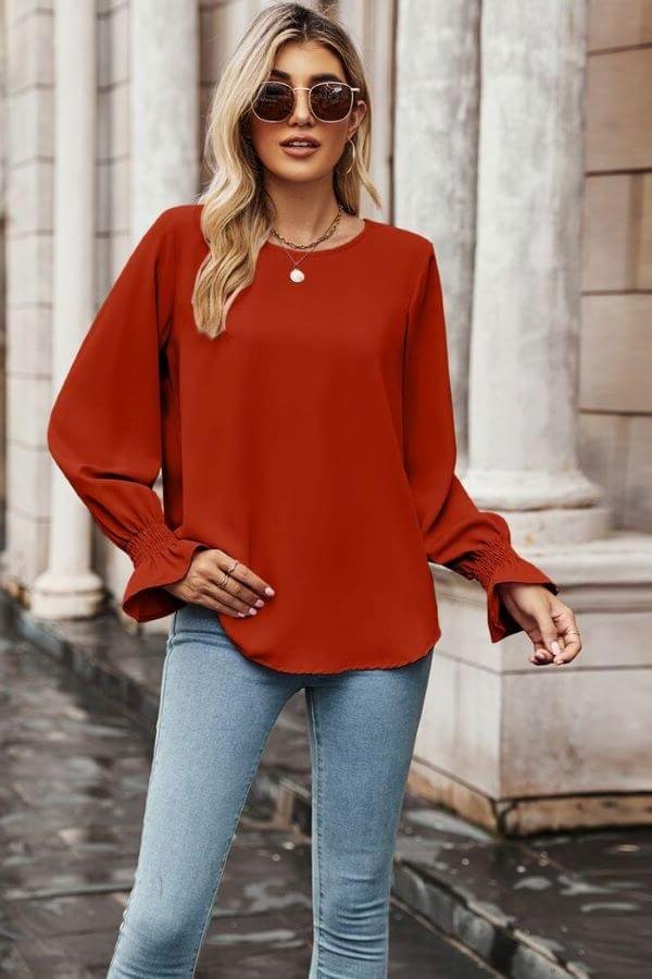 Blue Round Neck Ruffle Bubble Sleeve | Gameday Tops – Image 5