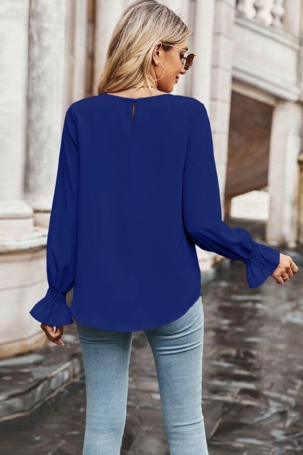 Blue Round Neck Ruffle Bubble Sleeve | Gameday Tops – Image 6