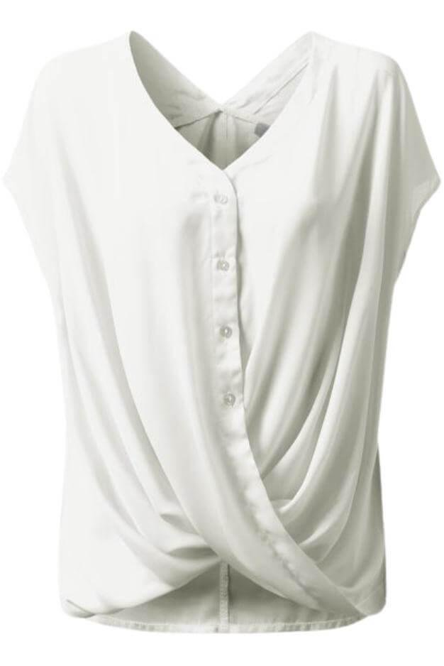 Crystal Cap-Sleeve Cross Front Button Top – Image 3