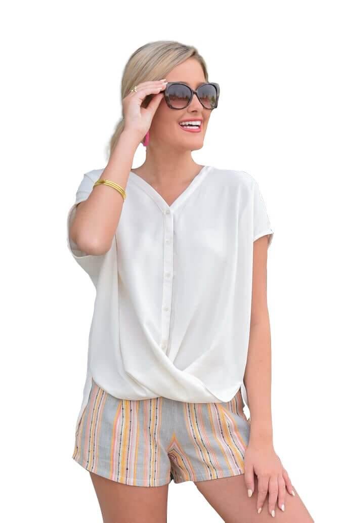 Crystal Cap-Sleeve Cross Front Button Top – Image 5