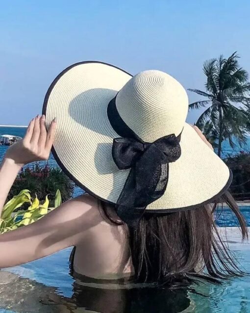 Elegant Sun Wide Brim Straw Hat with Black Trim – Image 4