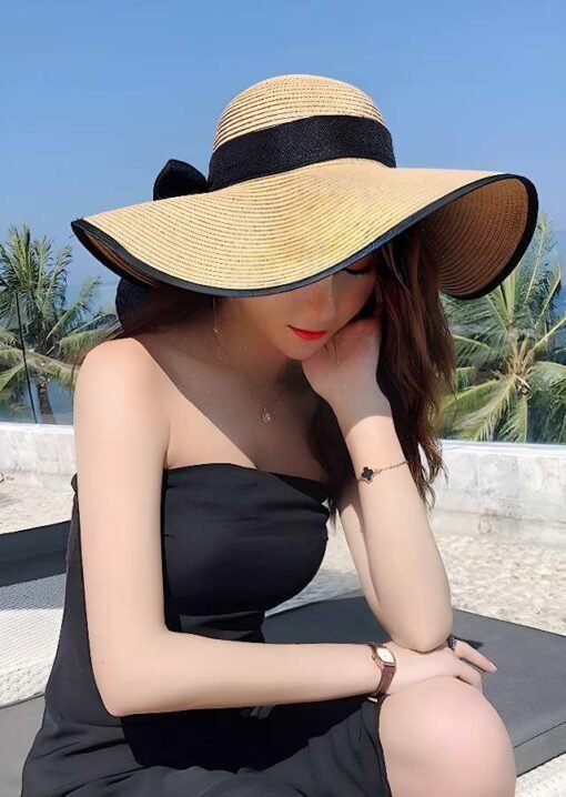 Elegant Sun Wide Brim Straw Hat with Black Trim – Image 5