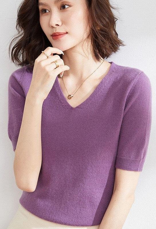 V-Neck Knit Half Sleeve Sweater | Mature Women's Basic Tops – Image 3