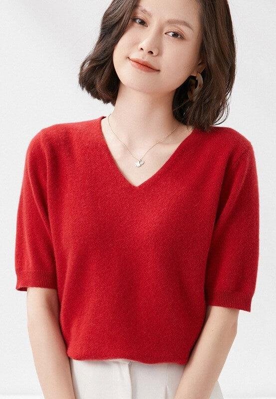 V-Neck Knit Half Sleeve Sweater | Mature Women's Basic Tops – Image 5