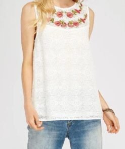 Floral Embroidered Boat-Neck Sleeveless Top Jolie Vaughan Mature Women's Online Clothing Boutique