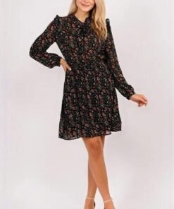Harper Floral Ruffle Fit & Flare Tie-Neck Dress Dresses