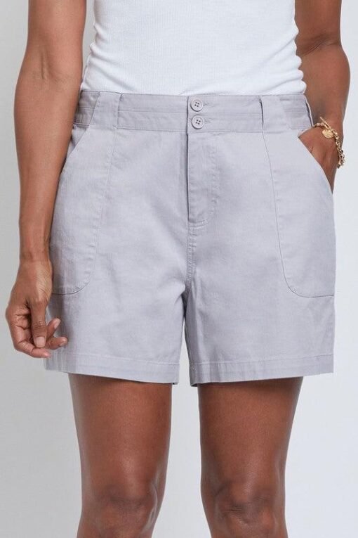 Grey Button Chino Shorts-Women's Shorts-Twill Shorts