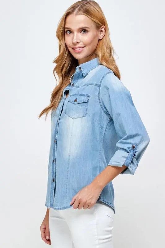 Classic Chambray Denim Shirt - Women's Long Sleeve Tops – Image 3