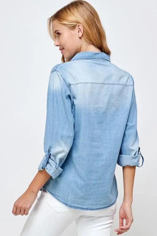 Classic Chambray Denim Shirt - Women's Long Sleeve Tops – Image 5