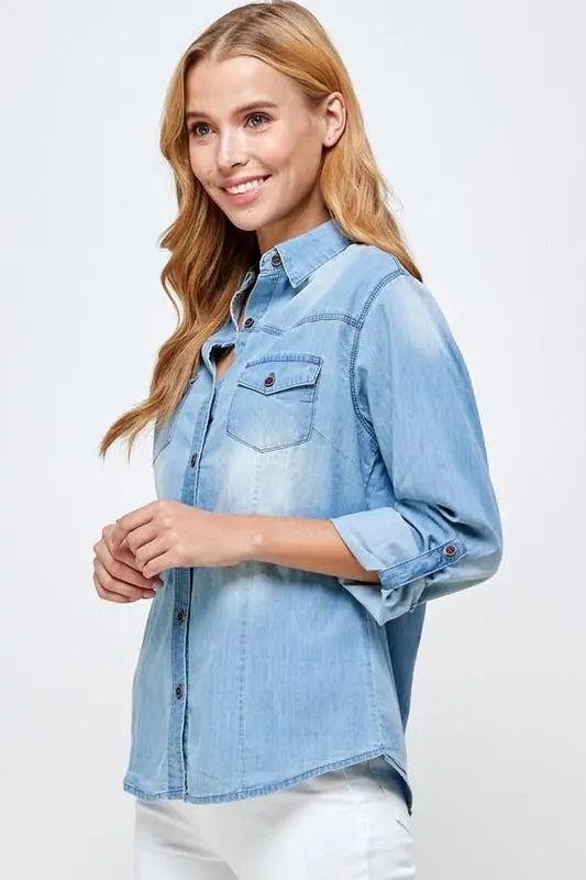 Classic Chambray Denim Shirt - Women's Long Sleeve Tops – Image 6