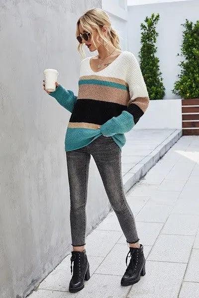 Julia Striped Slouch V-Neck Sweater Tops – Image 3