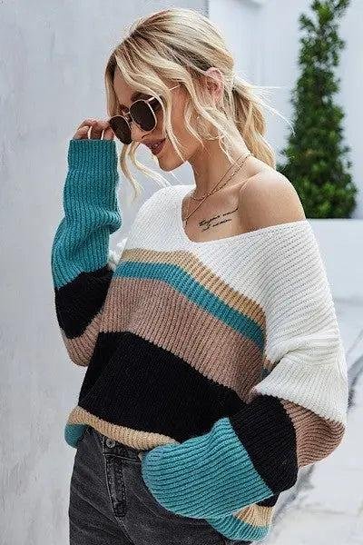 Julia Striped Slouch V-Neck Sweater Tops – Image 4