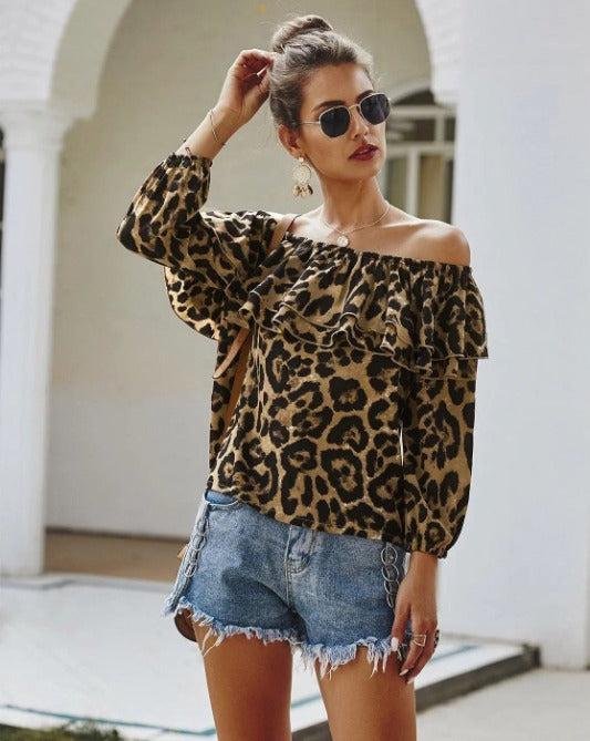 Leopard Off-Shoulder Long Sleeve Ruffle Top