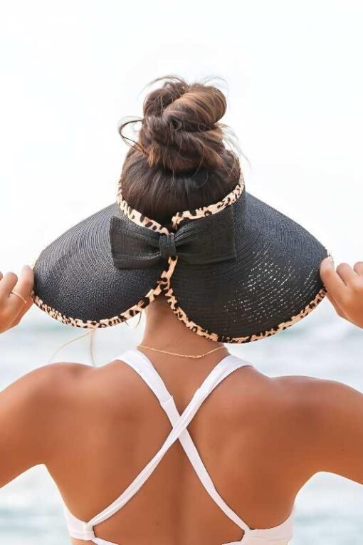 Leopard Patchwork Bow Wide Brim Straw Hat – Image 5