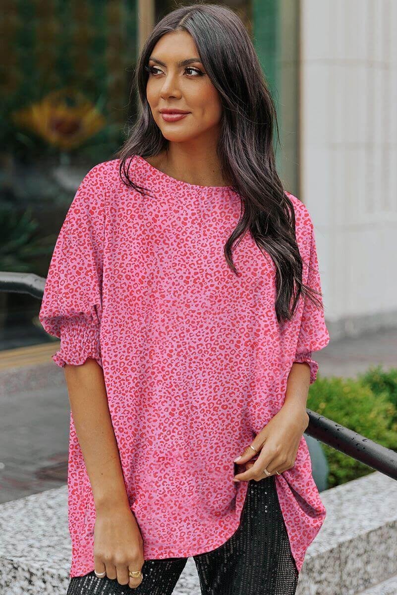 Pink Leopard Oversize Blouse | Lightweight Boatneck with Smocked Cuffs – Image 4