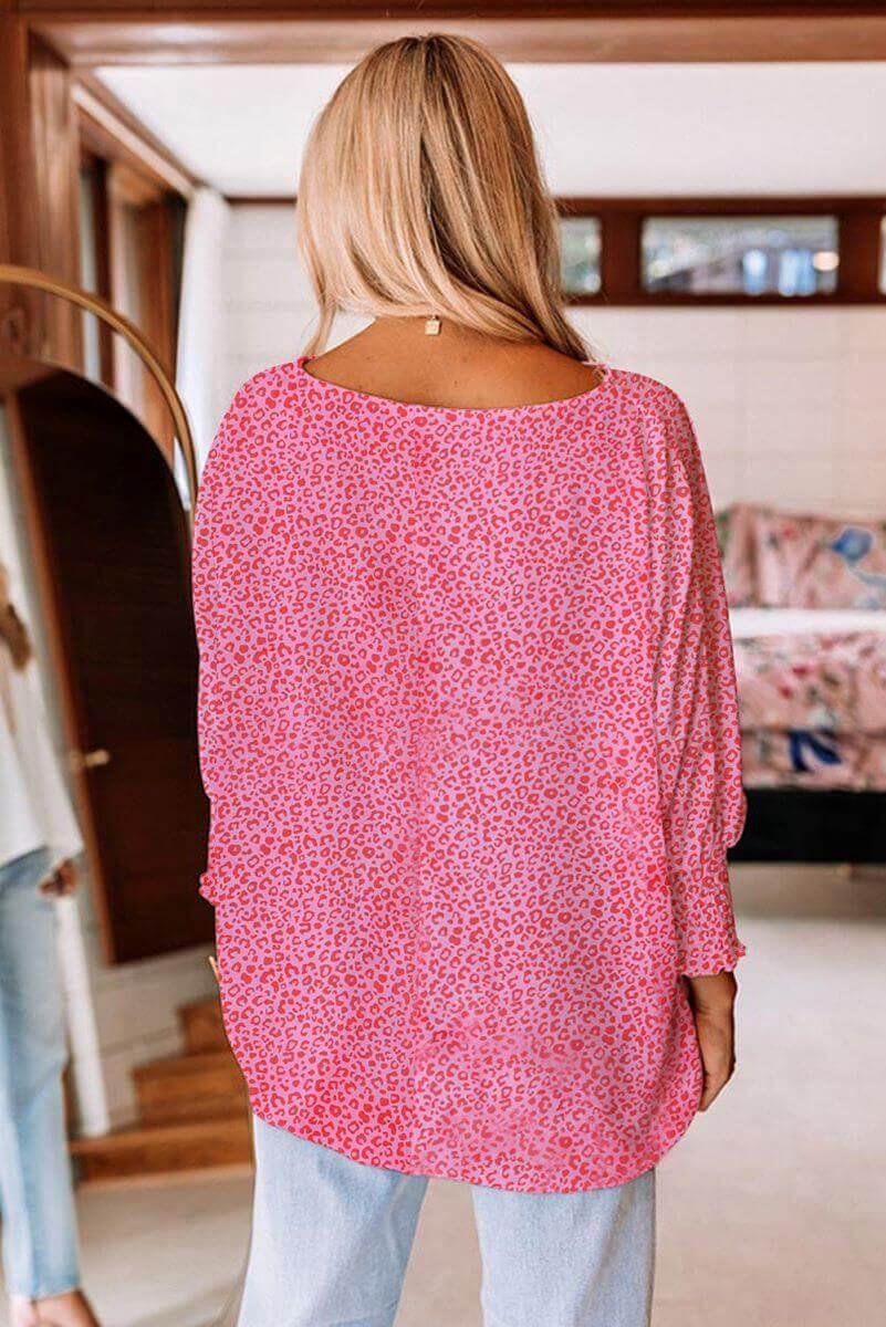 Pink Leopard Oversize Blouse | Lightweight Boatneck with Smocked Cuffs – Image 5
