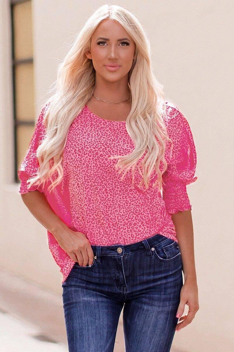 Pink Leopard Oversize Blouse | Lightweight Boatneck with Smocked Cuffs – Image 6