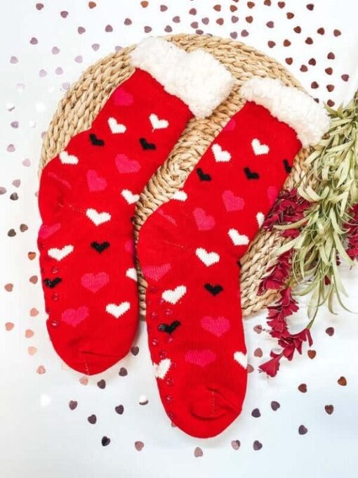 Love You Heart Sherpa Socks in Red – Image 5