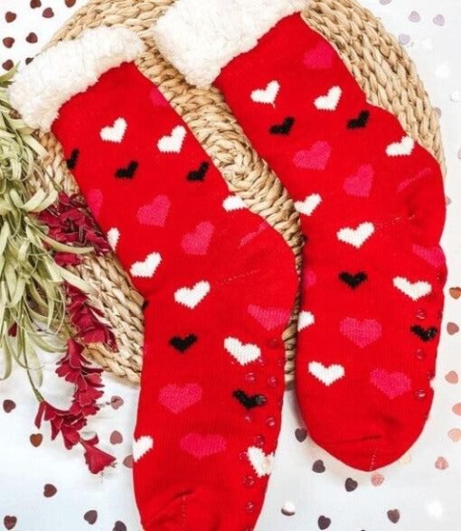 Love You Heart Sherpa Socks in Red – Image 6