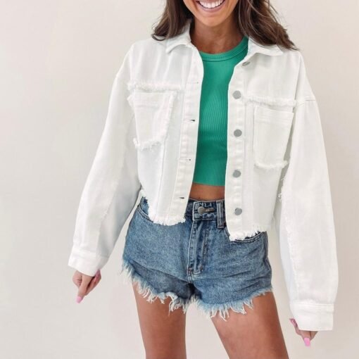White Frayed Denim Jacket – Image 3