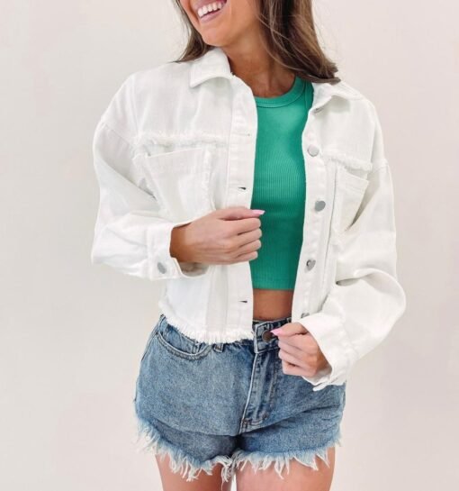 White Frayed Denim Jacket – Image 6