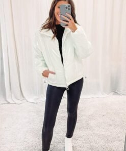 White Liquid Leather Puffer Jacket