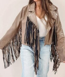 Brown Fringe Faux Leather Jacket