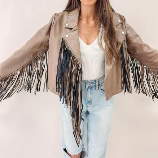 Brown Fringe Faux Leather Jacket – Image 3