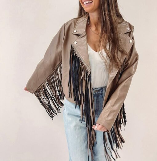 Brown Fringe Faux Leather Jacket – Image 4