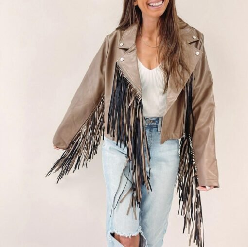 Brown Fringe Faux Leather Jacket – Image 5