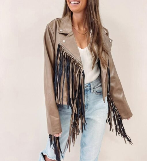 Brown Fringe Faux Leather Jacket – Image 6