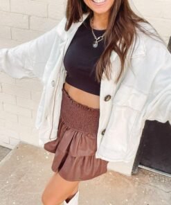 Faux Leather Smocked Skirt – Brown