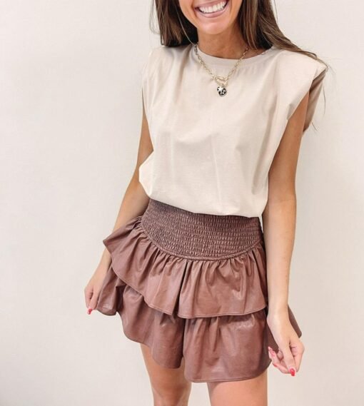 Faux Leather Smocked Skirt – Brown – Image 4