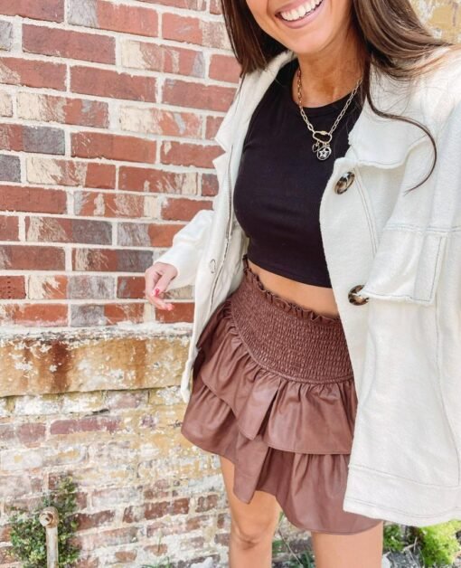 Faux Leather Smocked Skirt – Brown – Image 5