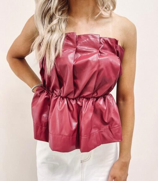 Ruched Faux Leather Top – Burgundy – Image 5
