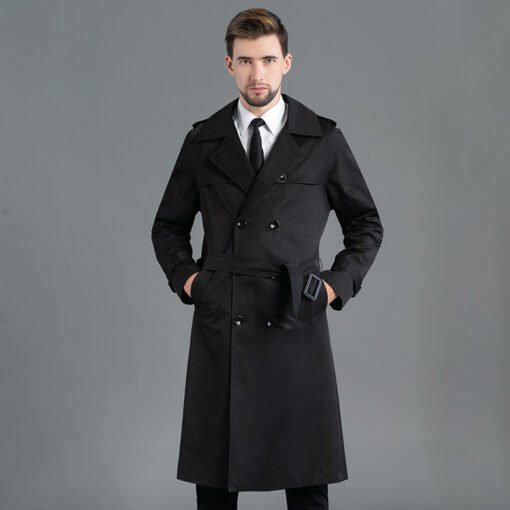 Men's Long Double Breasted Spring And Autumn Fashion Trench Coat Black – Image 2