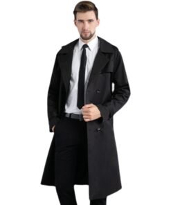 Men's Long Double Breasted Spring And Autumn Fashion Trench Coat Black