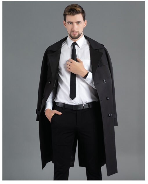 Men's Long Double Breasted Spring And Autumn Fashion Trench Coat Black – Image 4