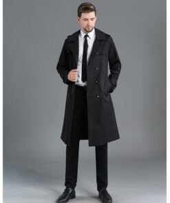 Men's Long Double Breasted Spring And Autumn Fashion Trench Coat Blue