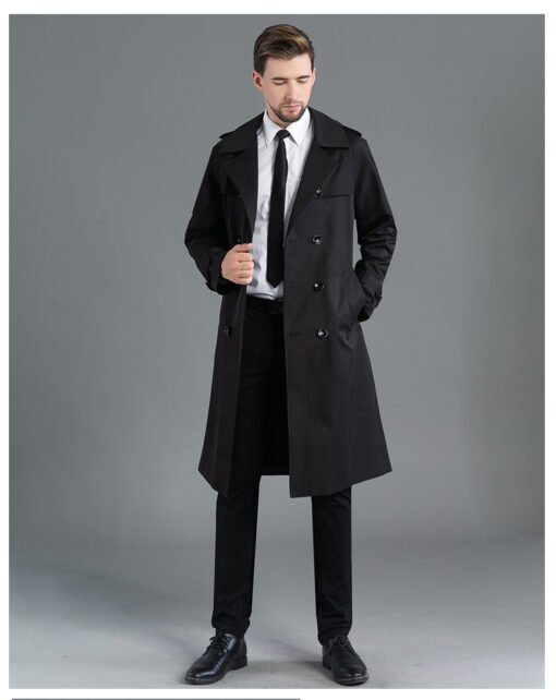 Men's Long Double Breasted Spring And Autumn Fashion Trench Coat Blue