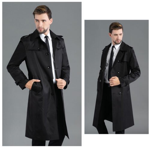 Men's Long Double Breasted Spring And Autumn Fashion Trench Coat Blue – Image 4